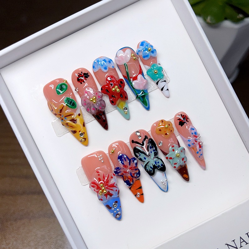 10Pcs/set Long Almond Hand-pai - Nail Art Flower ulasan dan harga
