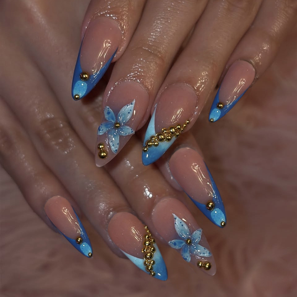 Nude fake nails with pink blue - Nail Art Flower ulasan dan harga