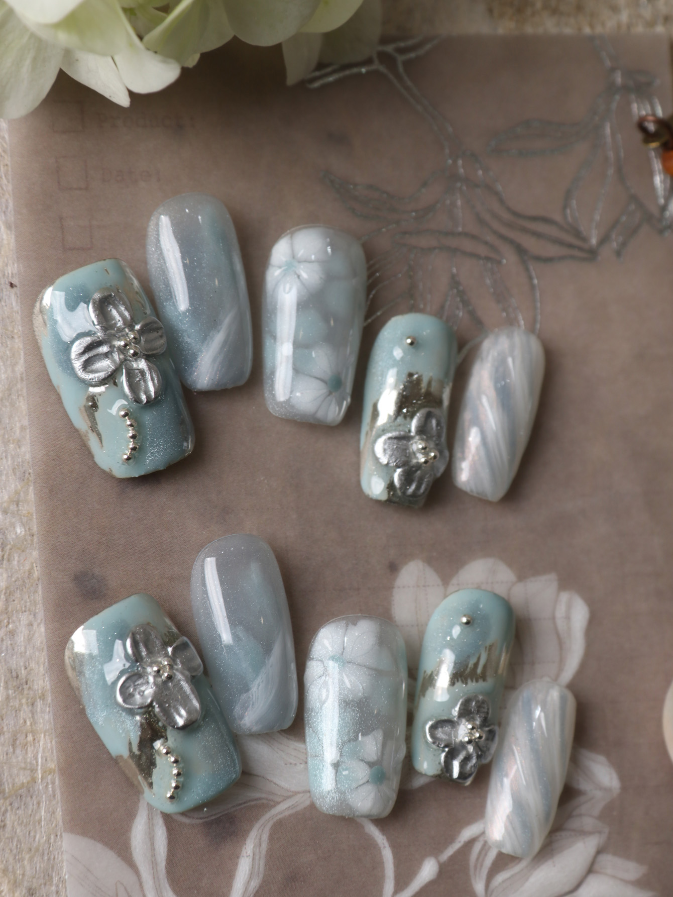 10Pcs Press on Nails Blue Whit - Nail Art Flower ulasan dan harga